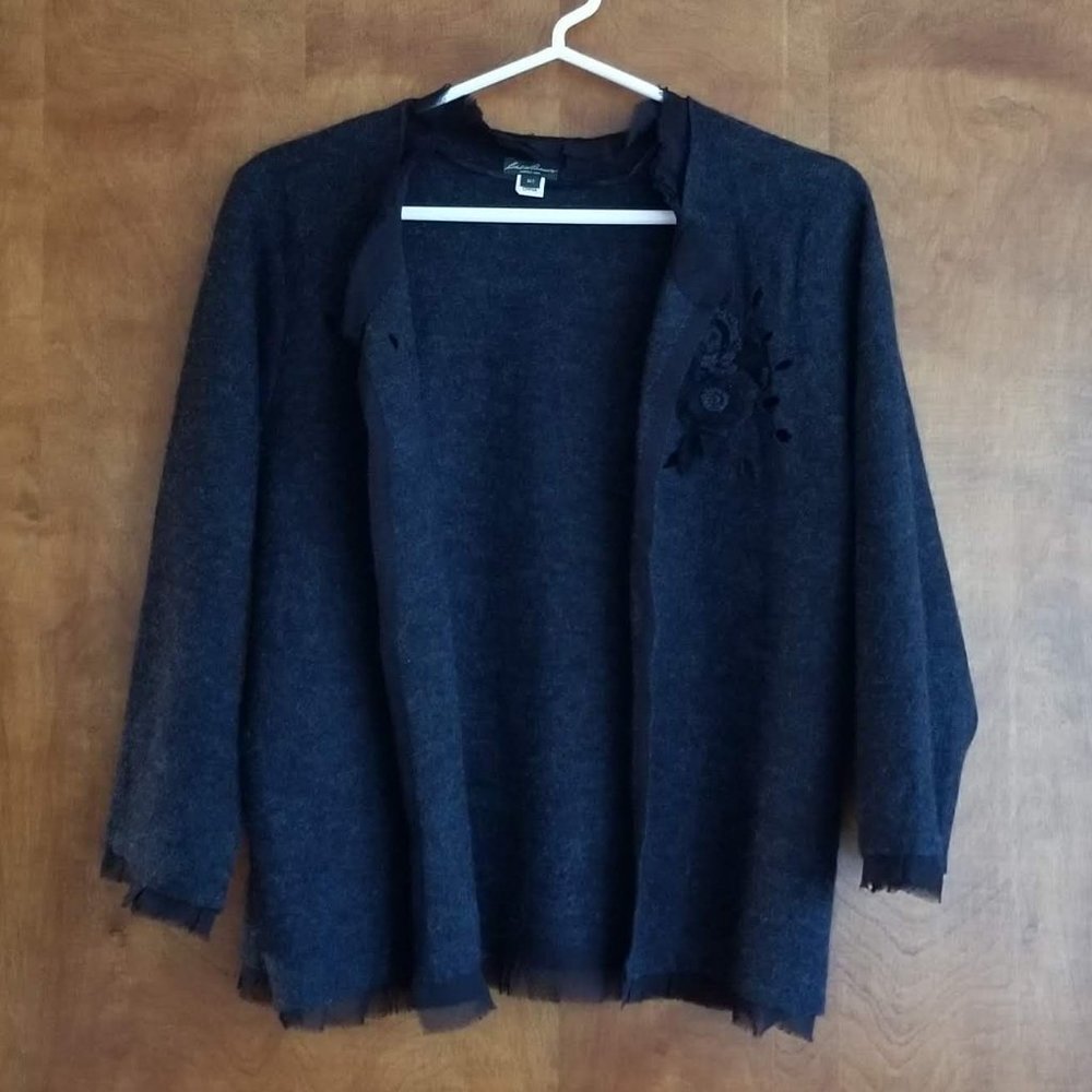 Eddie Bauer Embellished Wool Open Front Cardigan, Size MT